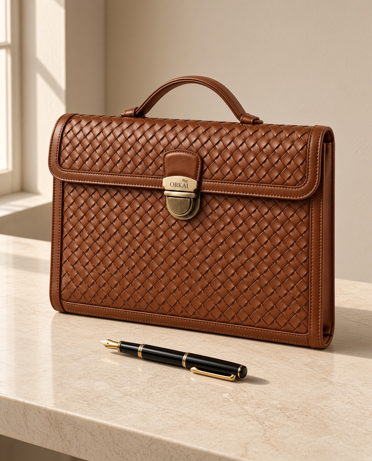 The Laptop Carry on a stone desk, with a pen.
