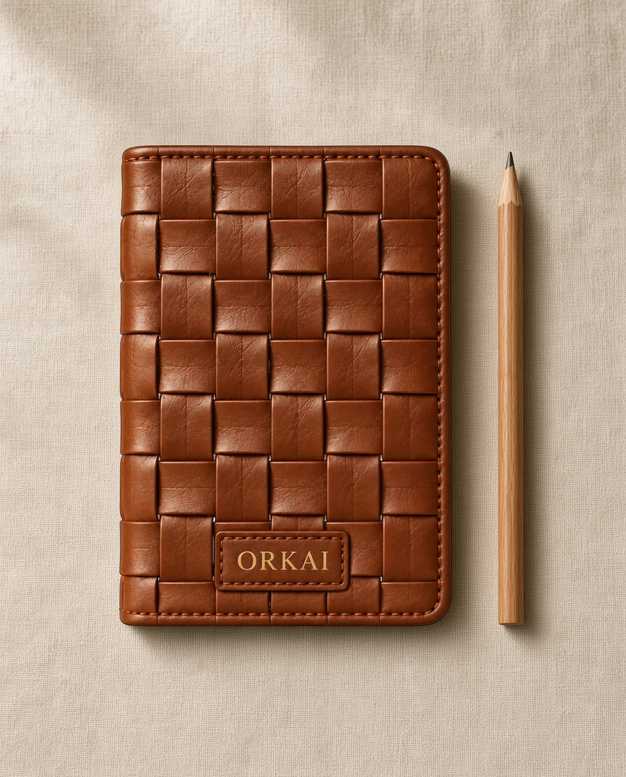 The wallet on linen, with one pencil.