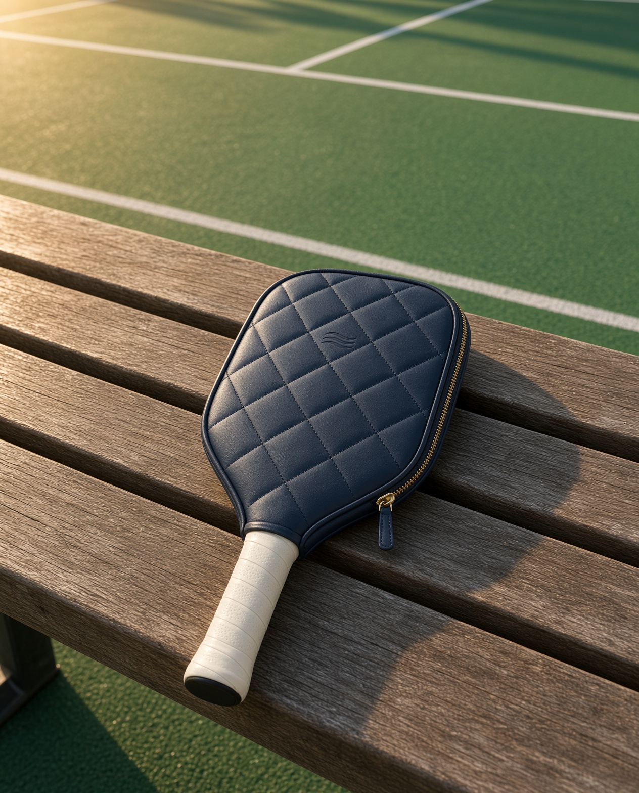 The paddle cover on a bench at the court.