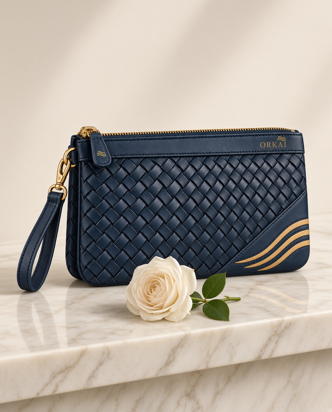 The valuables pouch on marble, with one rose.
