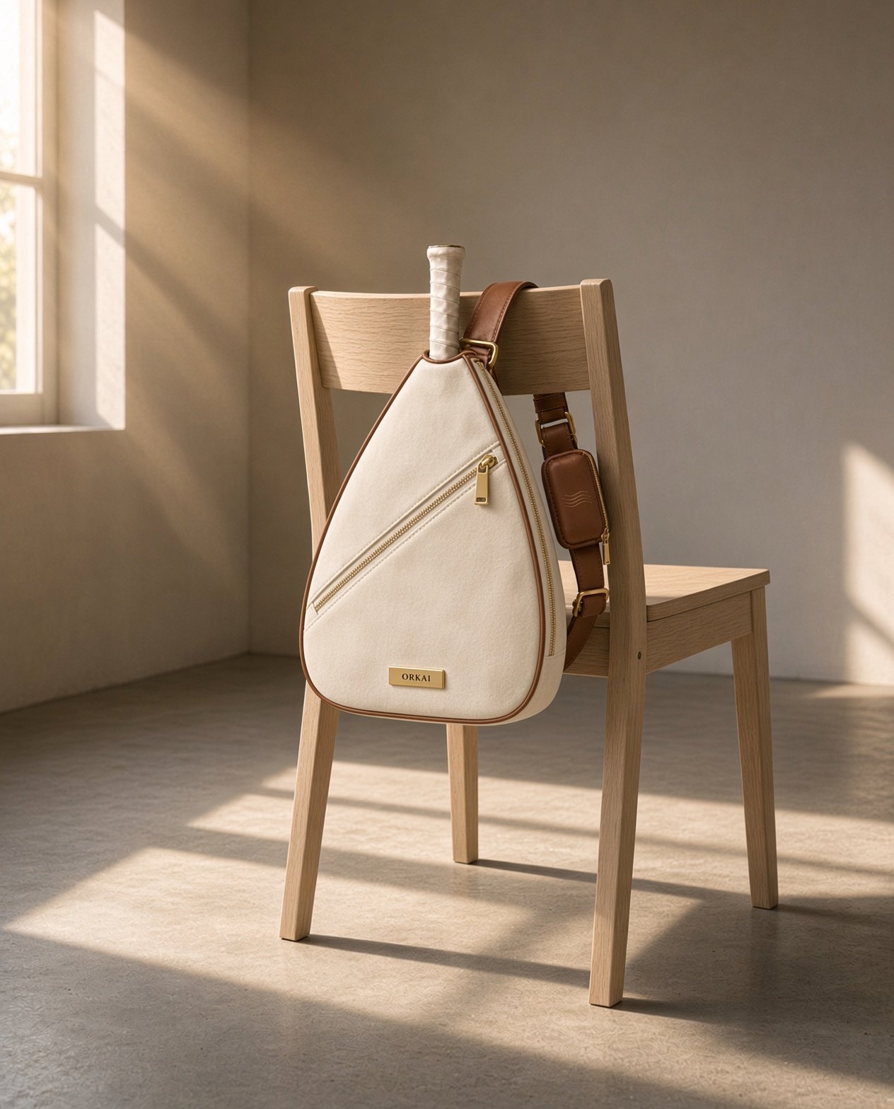 The Ivory Diagonal Zip tennis sling on a chair, a racket just showing.