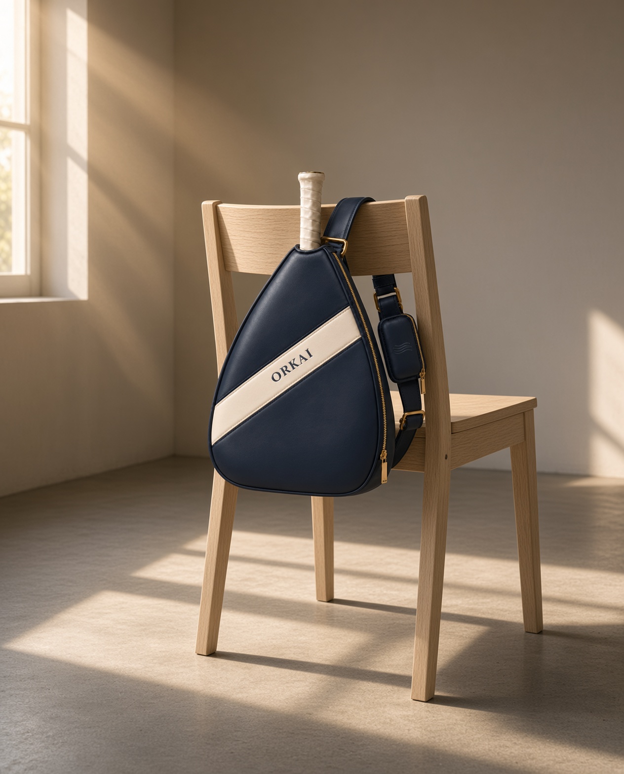 The striped sling on the back of a chair.