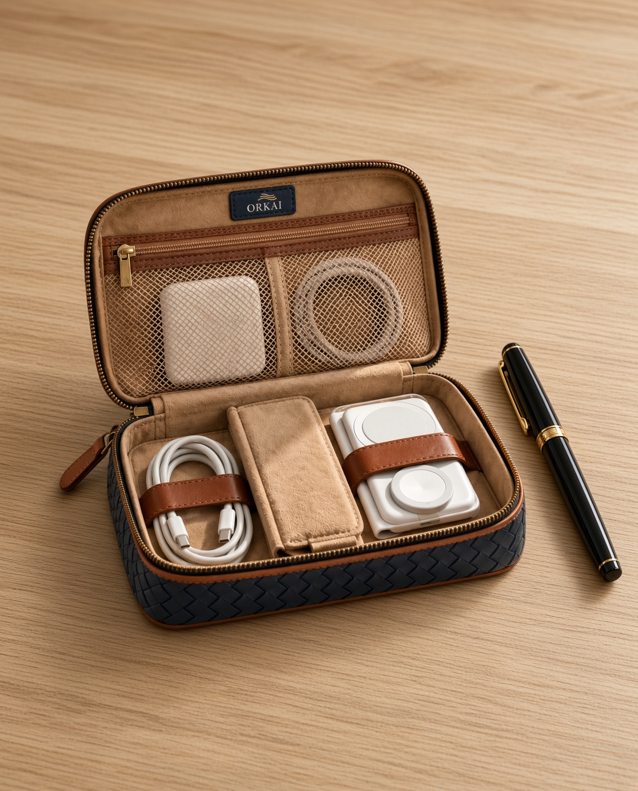 The tech case on a desk, with a pen.
