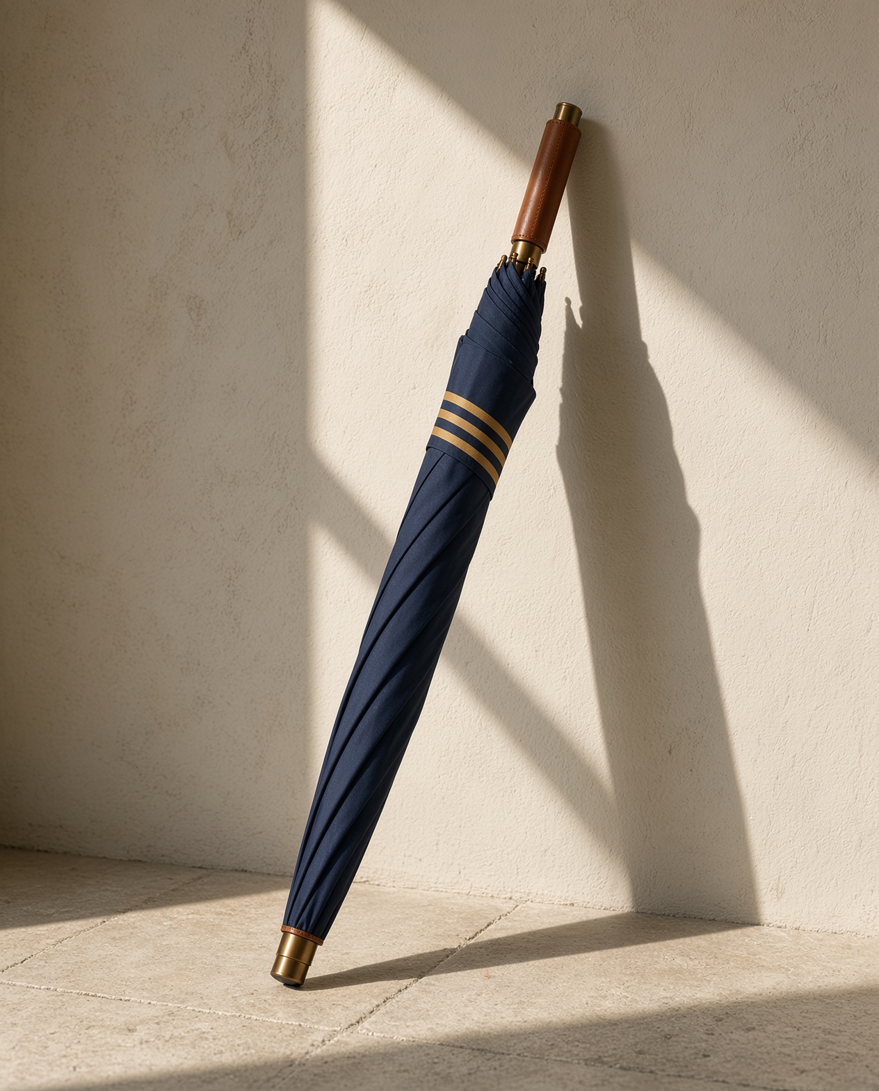 The umbrella against a plaster wall.