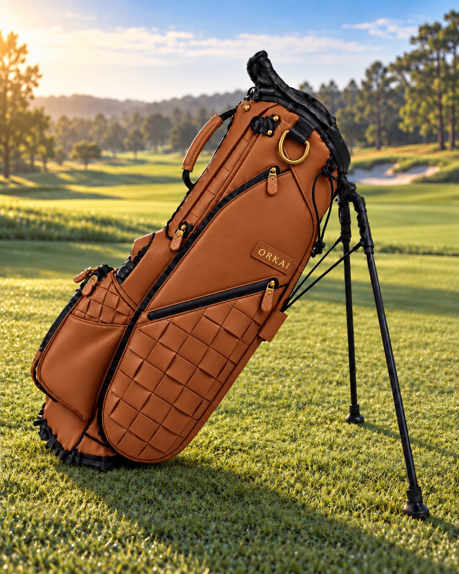 The stand bag on the fairway, late light.